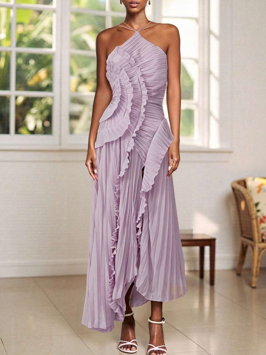 Women Ruffle Pleated Long Dress Sleeveless Halter Irregular Tiered Pleated Flowy Chiffon Dresses For Wedding Guest Cocktail Party - 紫色 - 查看 1