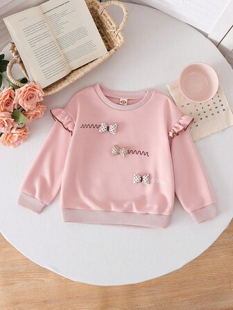Girls' Fashionable Warm Sweatshirt, New Design, Sweet Cute Bow Decor, Ribbed Crew Neck, Casual Versatile Long Sleeve Top, Suitable For Spring & Autumn