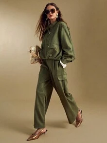 Sollinarry Women's Spring New Faux Suede Fashion Olive Green Stand Collar Zip Jacket And Matching Wide Leg Pants 2 Pieces Set - Army Green - View 6