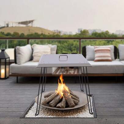 ZhdnBhnos Outdoors Fire Pit Heat Deflector, Fire Pit Burner Cover Square For Linear Drop-In Burner Pan, Fire Pit Lid, Stainless Steel Pushes Heat Down And Out, Stainless-Steel With Carrying Handle (Square)