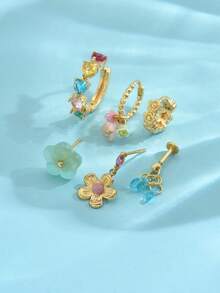 6 件套彩色锆石花朵耳环、耳环和耳夹时尚首饰套装，适合女士，适合派对、节日、约会或婚礼 - 金黃色 - 查看 3