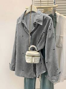 Áo sơ mi dài tay nữ in họa tiết sọc, thắt nơ, cài cúc phía trước, cổ áo sơ mi, kiểu dáng thường ngày, thích hợp cho mùa xuân, thu và đông. - màu đen - Xem 4