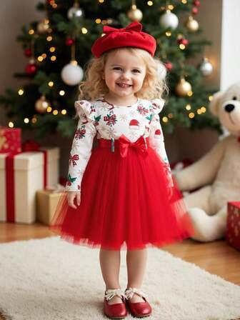 Baby Girls Christmas Snowman Snowflake Sock Printed Patchwork Mesh Ruffle Hem Dress With Sash
