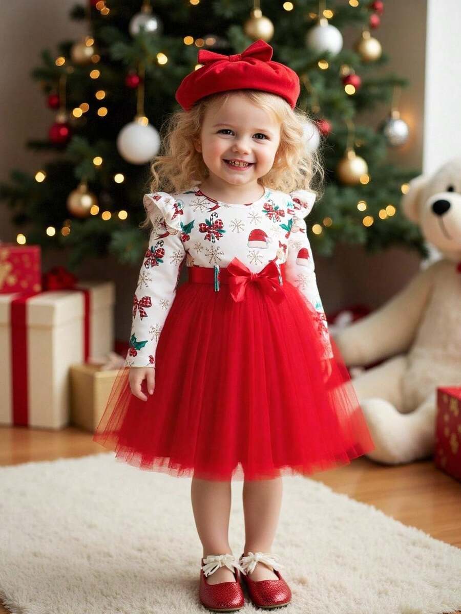 Baby Girls Christmas Snowman Snowflake Sock Printed Patchwork Mesh Ruffle Hem Dress With Sash - Red - View 1