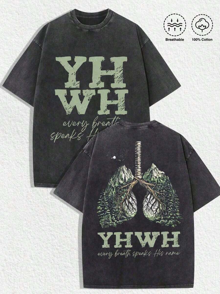 2026 Summer Tops1 PCS [Green T-Shirt] Retro Religious "YHWH - Every Breath Speaks His Name" Graphic Tee: Featuring Distressed Vintage Finish, Front Bold "YHWH" Letter Print With Inspirational Text, Back Artistic Graphic Of Lungs Integrated With Mountains, Forests, Roots, And Eagle Accent, Perfect For Infusing Spiritual, Nostalgic Vibes Into Fits During Easter Celebrations, Church Events, Or Nature - Themed Gatherings, Christmas & Halloween & Thanksgiving Day & Valentine's Day & Pride & Father's Day & Easter & Mother's Day & New Year & Spring Festival, Men's Round Neck Printed Short Sleeve Casual Everyday T-Shirt, They Are Excellent Gifts For Friends And Family, 100% Cotton T-Shirts Feature, A Yhful And Fashionable Design, Graphic Tees Men, Graphic Tees Women, Cachorro Feliz, Back To SchoolLoose And Comfortableshirt - 黑色 - 查看 1