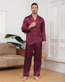 BigKing Men's Silk Satin Pajama Set, Soft Long Sleeve Button Down Pyjama Set - Grey - View 8