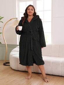 女士休闲长袖加厚抓绒连帽蓬松舒适睡袍，舒适优雅，腰部系带，适合情侣穿着，大码尺码，秋冬季