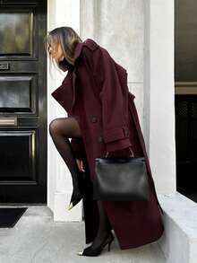 1 件纯色梭织面料口袋双扣女式大衣，适合秋冬季办公室穿着 - 酒紅色 - 查看 2