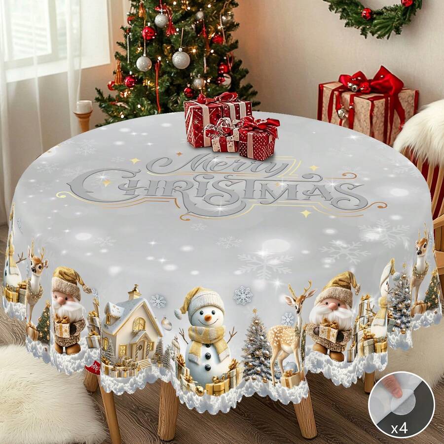 1pc Vintage Christmas Tablecloth With Santa Claus Reindeer Snowman Christmas Tree Patterns, Christmas Decor 2025, Christmas Party Decoration For Home Indoor Outdoor, Chic Silvery Round Rectangular Table Cloth, Holiday Kitchen Festive Decor, Christmas Gifts