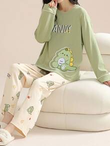 AICJ 2件套女士休闲恐龙印花长袖上衣和裤子家居服套装，春夏秋季居家舒适套装，秋冬服装