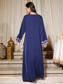 Elegant V-Neck Rhinestone Embellished Loose Long Robe Dress, Long Sleeve - Navy Blue - View 4