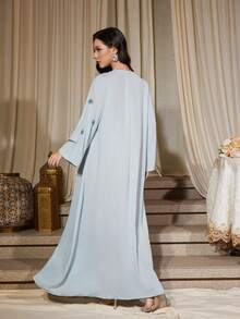 女士优雅水钻装饰 V 领宽松长袍连衣裙，长袖 - 藍色 - 查看 3