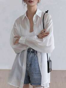 女士夏季長袖開背蕾絲拉鍊透視襯衫 - 白色 - 查看 4