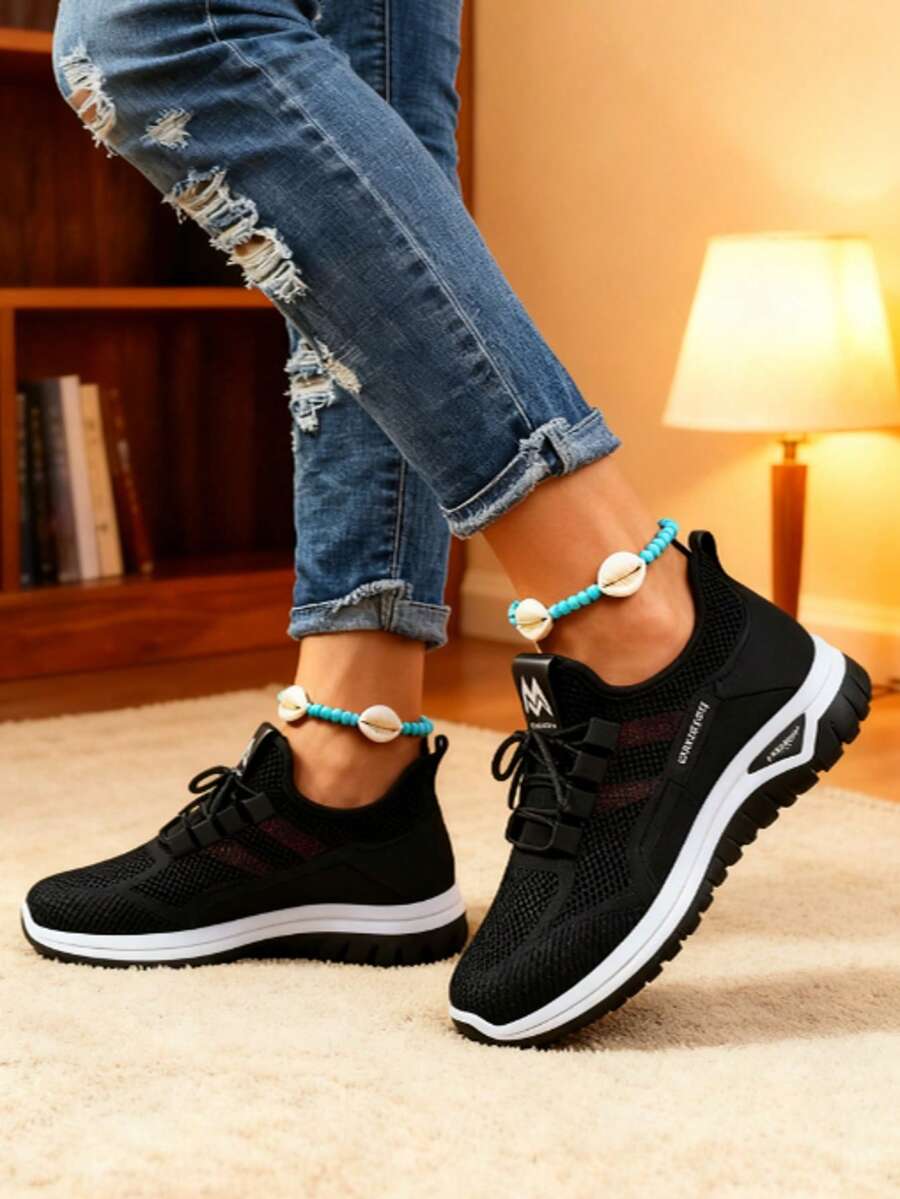 Women's Slip-On Mid-Top Casual Sports Shoes - Breathable Synthetic Cover & Mesh Upper, Vibrant Green & Orange Accents, EVA/PVC Cushioned Sole For All-Day Comfort - Versatile For Work, Running Errands & Casual Attire, Ladies Sneakers, Workwear Sneakers, Stylish Slipons, Modern Sneakers, Durable Traction, Comfortable Fit - 黑色 - 查看 1