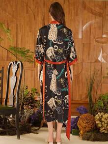 Oversized Retro Midi Length Elegant Fashion Printed Kimono Cover Up Outerwear, Suitable For Summer Beach Vacation, Tie-Waist Robe, Coverup, Lightweight Jacket