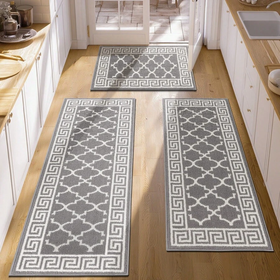 Pauwer Kitchen Mats For Floor 3 Piece Set Boho Non Slip Kitchen Rugs Washable Farmhouse Kitchen Floor Mats Thick Long Kitchen Throw Area Rug Carpet Runner For Hallway Entryway Laundry Bathroom - 灰色 - 查看 1