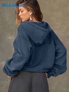 GEMCHO Áo khoác nữ dài tay, màu trơn, có khóa kéo và túi trước, kiểu dáng hoodie, thích hợp cho mùa thu xuân. - Màu xanh lam - Xem 2