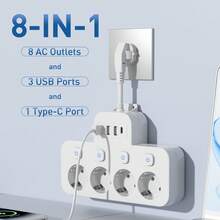 旅行适配器，带 4 个欧式交流电源插座、3 个 USB 端口、1 个 Type-C 端口、柔性电源线、扩展适配器，适用于家庭、宿舍、办公室和酒店 - 黑白，便携式电子产品 | 黑色/白色选项 | 独立开关设计 - 查看 2