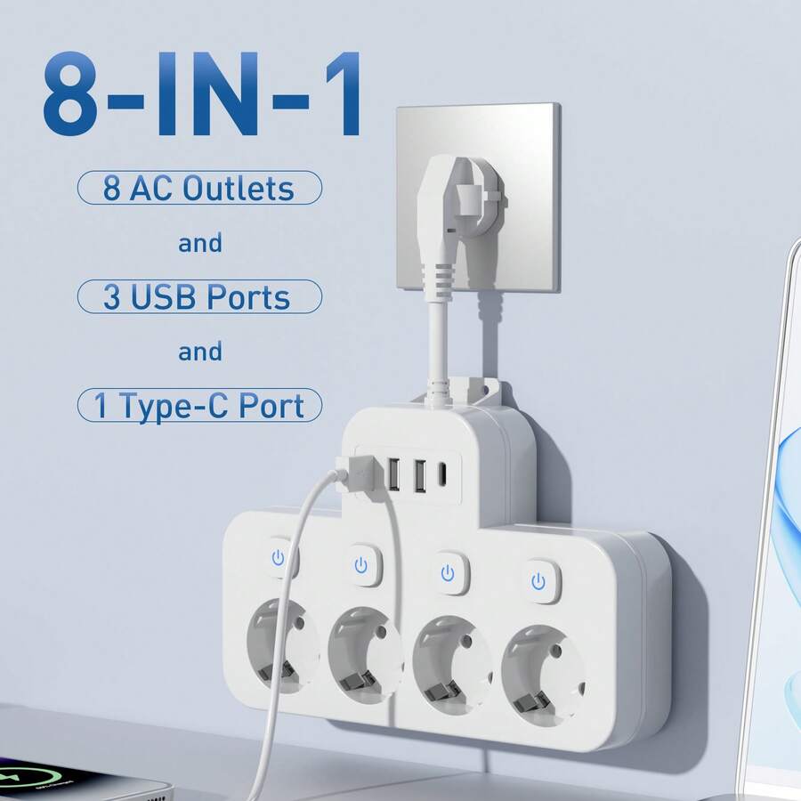 旅行适配器，带 4 个欧式交流电源插座、3 个 USB 端口、1 个 Type-C 端口、柔性电源线、扩展适配器，适用于家庭、宿舍、办公室和酒店 - 黑白，便携式电子产品 | 黑色/白色选项 | 独立开关设计