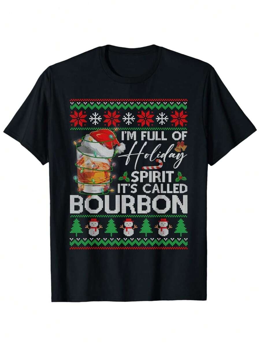 Funny Christmas Bourbon T Shirt   Holiday Humor Graphic Tee With Santa Cocktail Design Comfortable Short Sleeve Cotton Blend Crewneck For Christmas Parties Festive Black Shirt (Multiple Sizes Available)