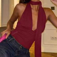 Cropped Top With One-Shoulder Tie, Various Spring/Summer Usage Options - Màu Đỏ Sâu - Xem 5