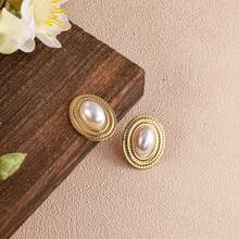 1 Set Elegant Gold Stainless Steel French Pearl Necklace & Earrings Jewelry Set, Suitable As Gift For Women