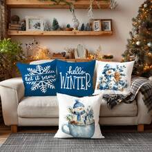 4pcs Christmas Blue Watercolor Snowman & Snowflake Illustration "Let It Snow & Hello Winter" Text Print Cushion Cover [No Pillow Insert], 17.7*17.7in(45*45cm), [Single-Sided Printing] Merry Christmas Holiday Decorative Polyester Pillow Case, Christmas Decor, Home Decor, Bedroom Decor