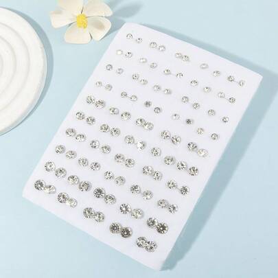 50 Pairs Silver-Color Multi-Size Faceted Crystal Stud Earrings, Jewelry Gift For Wedding, Valentine's Day, Summer Fashion For Women