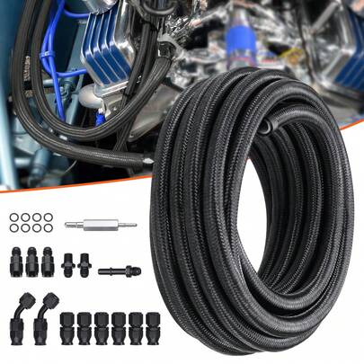 6AN Fuel Line Kit, 7.62 M Fuel Hose Kit, Nylon Stainless Steel Braided PTFE Fuel Line Kit, E85/Oil/Gas Hose End Fitting Kit, With 15 PCS Swivel Fitting Adapter Kit, Black