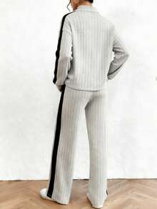 Set de 2 piese pentru femei, toamnă/iarnă, cu pulover cu jumătate de fermoar și pantaloni cu picior drept, stil casual, stil stradal, confortabil, retro minimalist