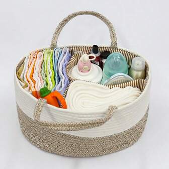 1pc Multi-Functional Storage Basket, Divided Portable Organizer Basket For Bottles, Diapers, Baby Essentials, Hand-Woven Rope Laundry Basket, Large Capacity Storage Bin For Home, Bedroom, Toys, Outdoor Use