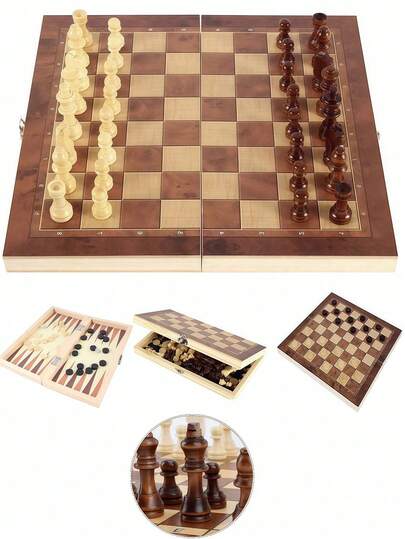1 件手工木制折叠国际象棋套装，迷你 9.44X9.44/11.41X11.41 英寸手工游戏板，用于存储，三合一棋盘游戏（国际象棋、跳棋、西洋双陆棋），适合成人初学者