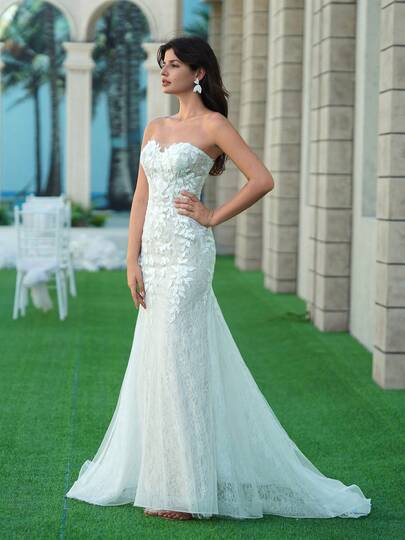 YOUKEFEIER Abito da sposa lungo a sirena con scollo a cuore, pizzo ricamato, paillettes e orlo a contrasto di colore, sexy e stile 2025