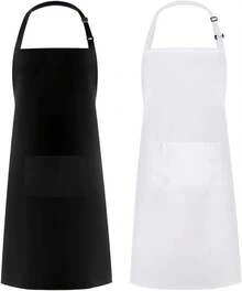 2 Pack Adjustable Bib Apron Waterdrop Resistant With 2 Pockets Cooking Kitchen Aprons For Women Men Chef - 黑色/白色 - 查看 1