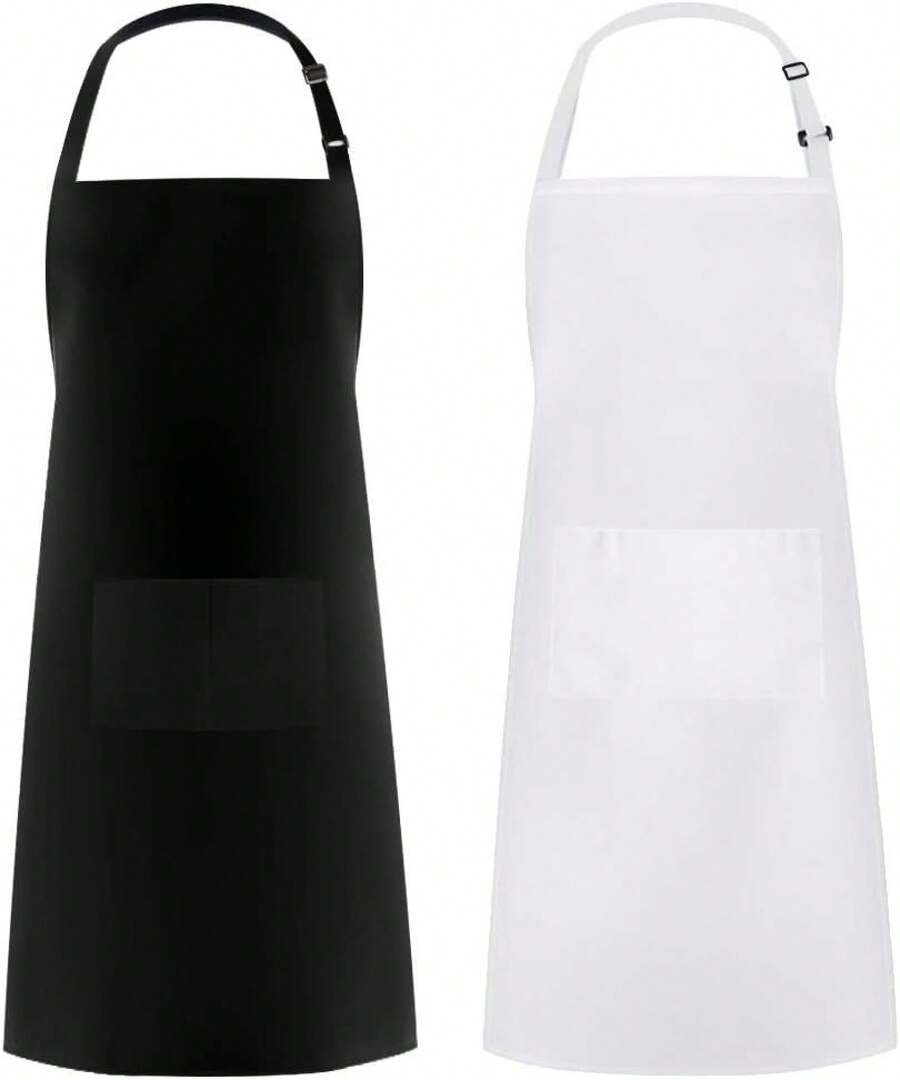 2 Pack Adjustable Bib Apron Waterdrop Resistant With 2 Pockets Cooking Kitchen Aprons For Women Men Chef - 黑色/白色 - 查看 1