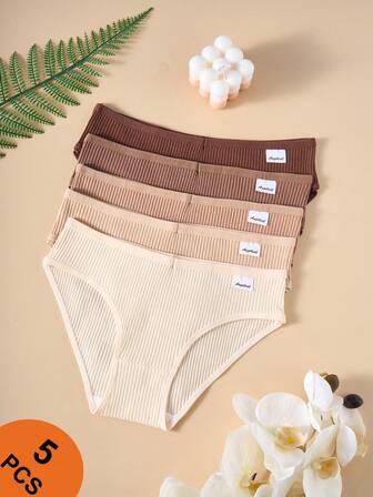 5pcs/Pack Teenage Girls' Cotton Basic Ribbed Solid & Striped Comfortable Underwear Briefs, Autumn/Winter