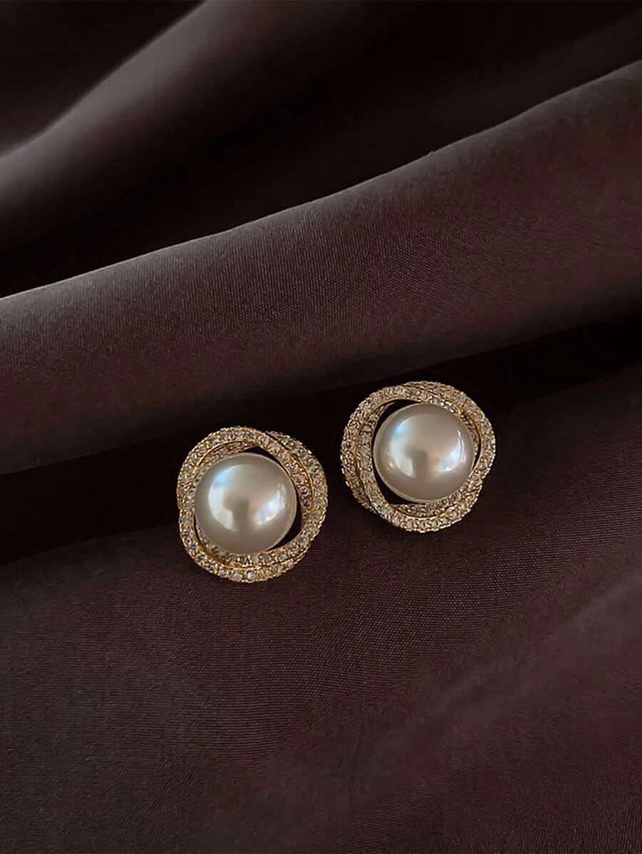 Topshiny 1 Pair Minimalist Versatile Retro Hollow Metal Pearl Stud Earrings Women, Suitable Daily Wear - 黃金 - 查看 1