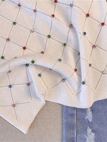 Camiseta sin mangas de punto con diamantes de imitación de colores para mujer, Top corto informal con cuello redondo, ropa de verano - Blanco - Ver 8