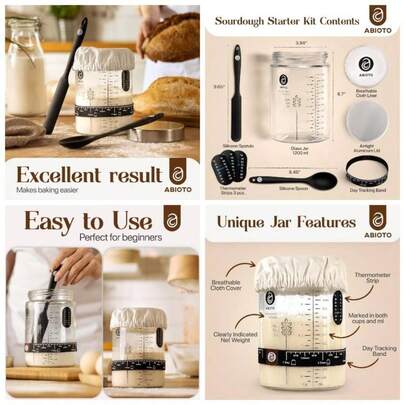 Kit de inicio de masa madre con tarro de vidrio de 40 onzas, tiras de termmetro y cubiertas transpirables incluidas en el kit de jarra de inicio de masa madre u2013 Un kit de inicio perfecto para