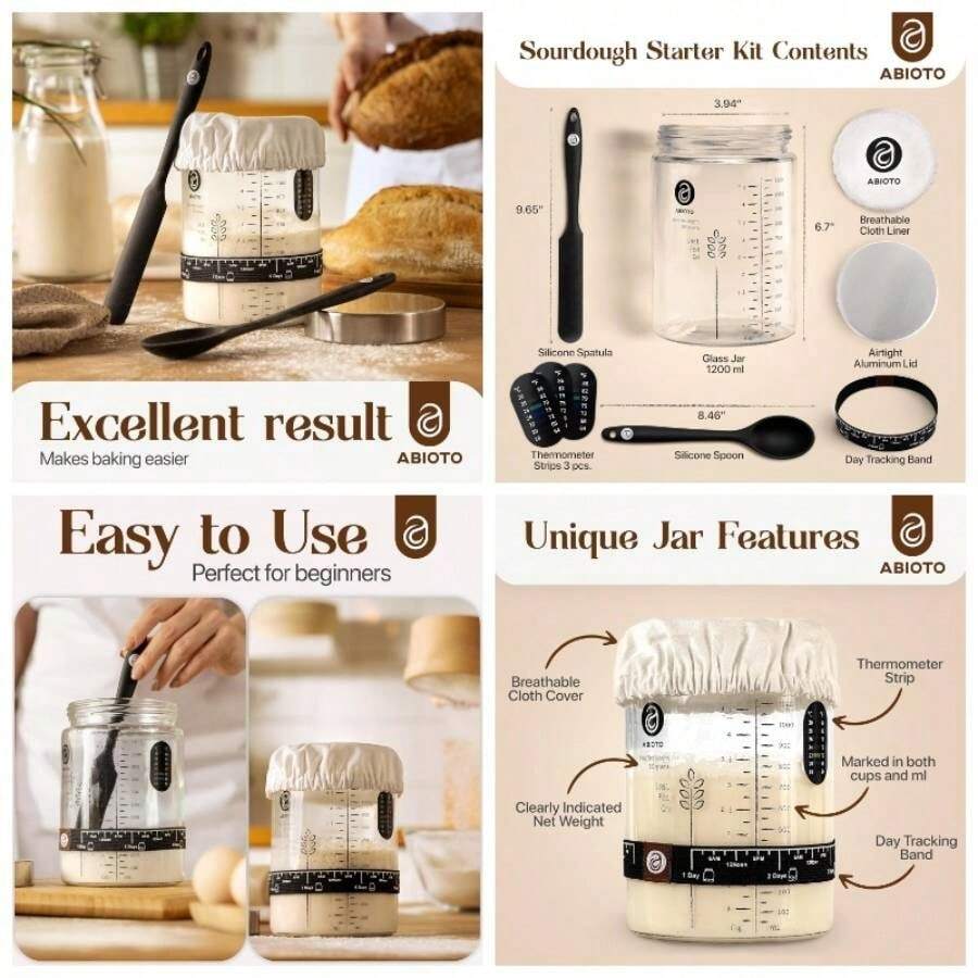 Kit de inicio de masa madre con tarro de vidrio de 40 onzas, tiras de termmetro y cubiertas transpirables incluidas en el kit de jarra de inicio de masa madre u2013 Un kit de inicio perfecto para - Tarro de masa madre de 40 oz - Ver 1