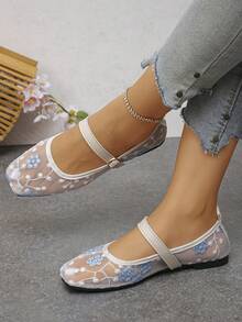 夏季新款时尚百搭玛丽珍平底鞋,白色底网眼-摇钱树-蓝色花朵网眼镂空透气女士休闲一脚蹬鞋,日常穿着,轻便舒适,刺绣软底芭蕾平底鞋,图案随机 - 白底網紗-金錢樹-藍花 - 查看 5