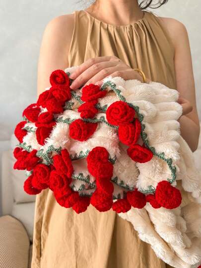 1 Stück Rose gestrickte Kante Wurfdecke, warm, dick, weich und bequem, hohe Grammatur, süße Decke für Heimdekoration, geeignet für Bett, Sofa, Büro, Zimmer, Wohnheim, maschinenwaschbar