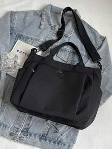 1 pieza Bolso de mano casual con cremallera en negro, bolso minimalista ligero y duradero con múltiples bolsillos y correa de hombro ajustable, mochila de gran capacidad