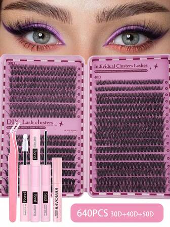XISHIYO 640pcs D-Curl Mixed Single Cluster Eyelashes, 8-16mm Mixed Length, Includes Eyelash Glue, Makeup Remover Oil, Tweezers, Soft & Natural Fluffy False Lashes For Daily Wear, Volumizing & Lengthening, Eyelash Extension Kit, 30D+40D+50D Mixed Lash Clusters For Different Makeup Needs, Suitable For Festivals, Parties