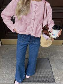 Nuevo cárdigan de punto de unicolor con botones y bolsillos, versátil para uso diario, otoño/invierno, Navidad, Año Nuevo