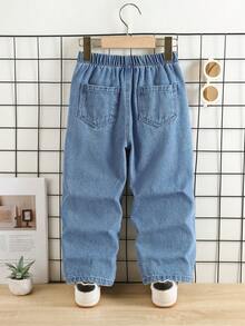 1条装年轻男孩休闲破洞风格简约牛仔裤，秋冬新品 - 中等水洗藍 - 查看 2