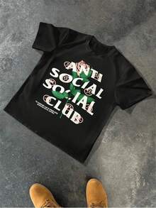 Men's Casual 1pcs Round Neck Short Sleeve 220g T Shirt Anti Social Club Rose Graphic Digital Print T Shirt Streetwear Aesthetic Theme 100% Cotton Tee  Style - Black - View 1