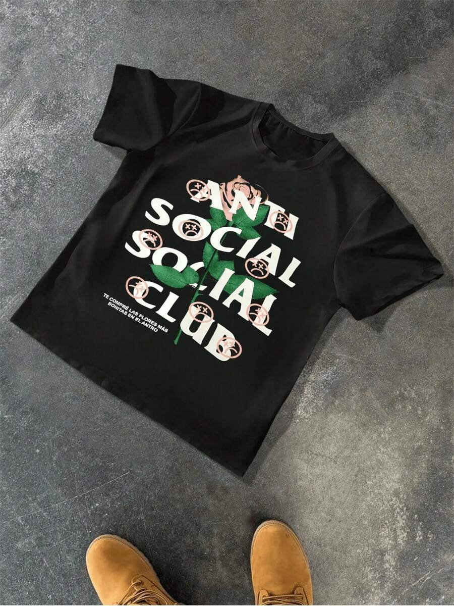 Men's Casual 1pcs Round Neck Short Sleeve 220g T Shirt Anti Social Club Rose Graphic Digital Print T Shirt Streetwear Aesthetic Theme 100% Cotton Tee  Style - Black - View 1