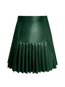 Women's Solid Color Minimalist Casual Pleated A-Line Skirt, High-End PU Leather Design, Suitable For Commuting, Autumn/Winter - Dark Green - View 3