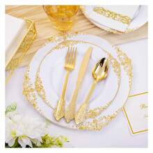 White Plastic Plates Disposable Set - 350pc Party Dinnerware, Includes Plates, Cutlery, Napkins, Cups For 50 Guests - Thanksgiving, Weddings, Events - 如圖/Y - 查看 7